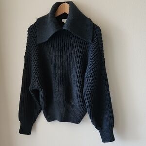 H&M Dark Green Chunky Sweater Shawl Collar Balloon Sleeves Drop Shoulder Sz S